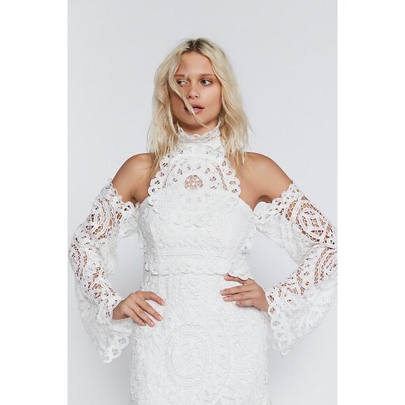 Free People Olympia Lace Bodycon Mini Dress White Bell Sleeves - Picture 2 of 8